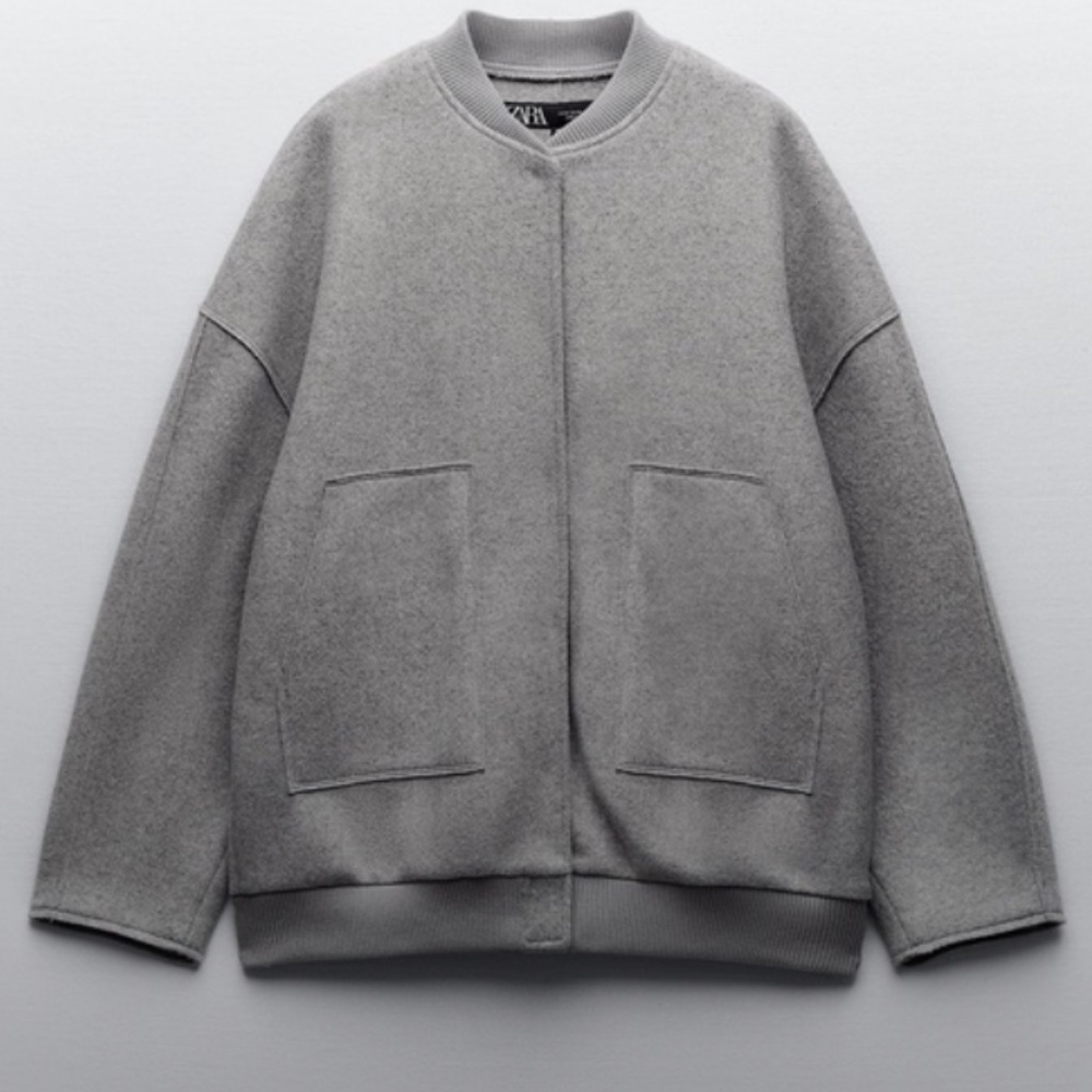 Zara Women Light Grey Wool Like Bomber Jacket Size Large